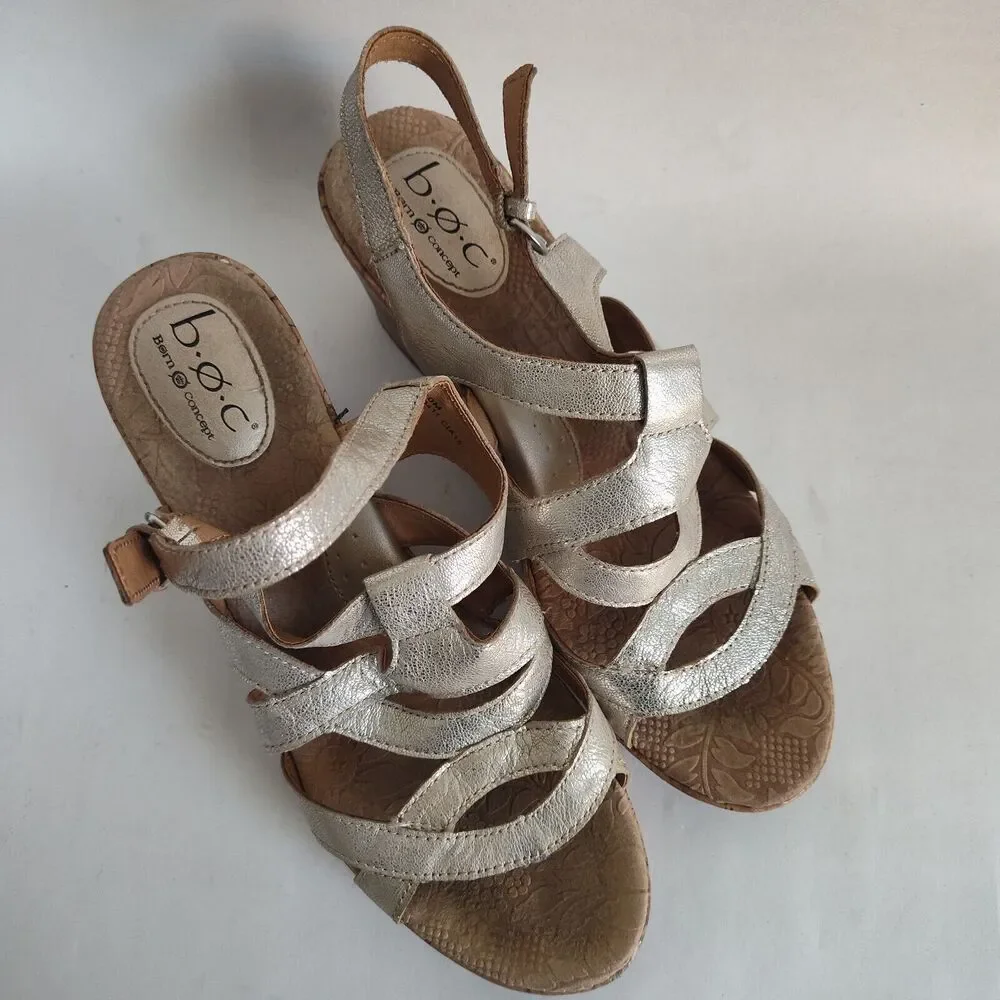BOC Born‎ Metallic Gold Leather Sandals Cork Wedge Heels Ankle Strap Womens 10 M
